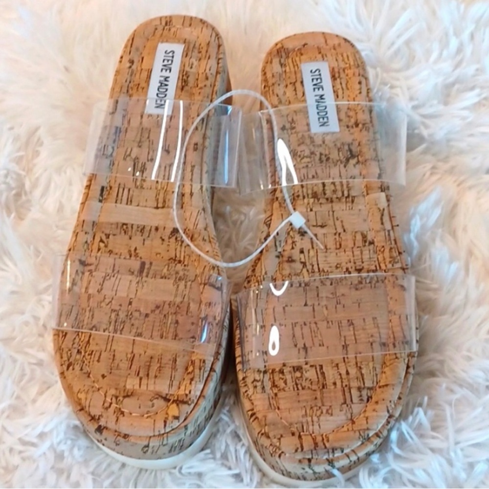 Steve Madden Defuse Clear Plastic Dual Strap Cork Wedge Sandals Like New